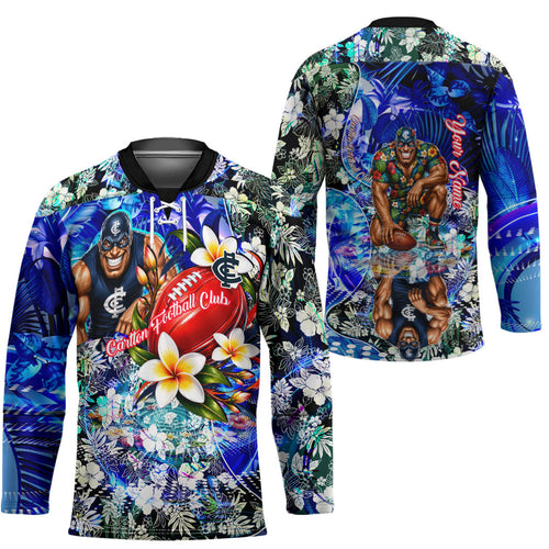Personalized Carlton Football Blues Hockey Jersey Tropical Hibiscus Flowers - Pacific Fusion Style