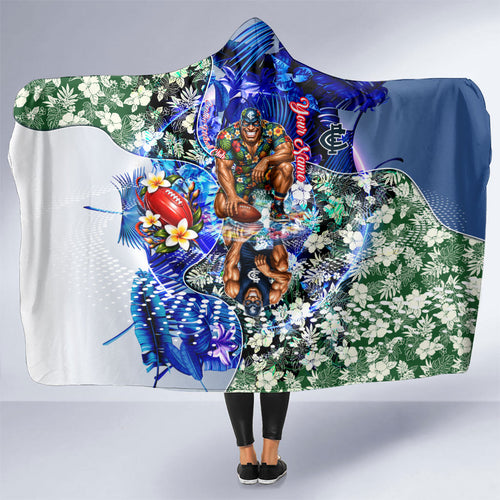 Personalized Carlton Football Blues Hooded Blanket Tropical Hibiscus Flowers - Pacific Fusion Style