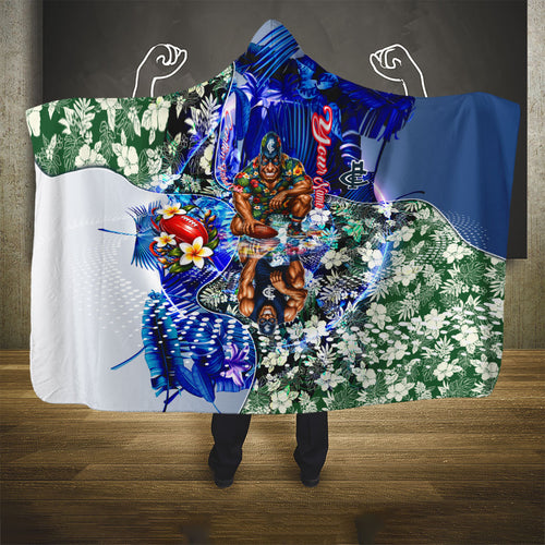 Personalized Carlton Football Blues Hooded Blanket Tropical Hibiscus Flowers - Pacific Fusion Style