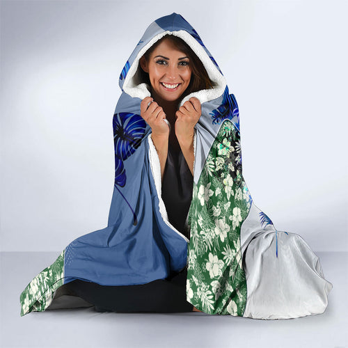 Personalized Carlton Football Blues Hooded Blanket Tropical Hibiscus Flowers - Pacific Fusion Style