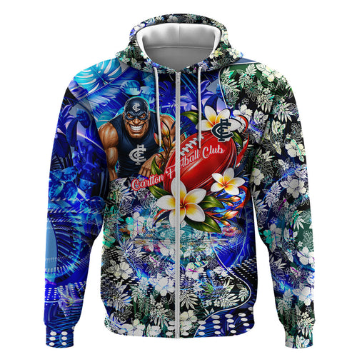 Personalized Carlton Football Blues Hoodie Tropical Hibiscus Flowers - Pacific Fusion Style