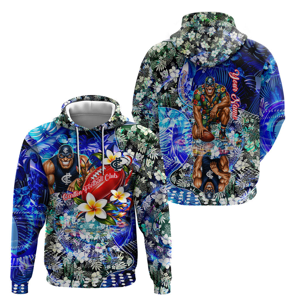 Personalized Carlton Football Blues Hoodie Tropical Hibiscus Flowers - Pacific Fusion Style