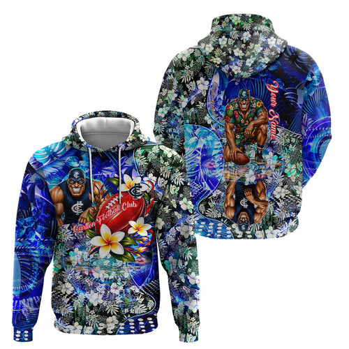 Personalized Carlton Football Blues Hoodie Tropical Hibiscus Flowers - Pacific Fusion Style
