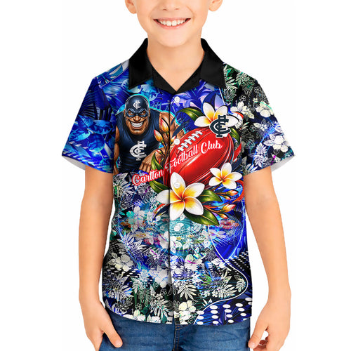 Personalized Carlton Football Blues Kid Hawaiian Shirt Tropical Hibiscus Flowers - Pacific Fusion Style