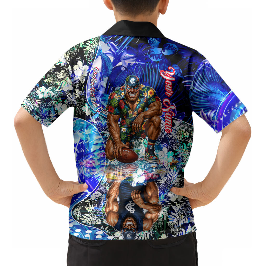Personalized Carlton Football Blues Kid Hawaiian Shirt Tropical Hibiscus Flowers - Pacific Fusion Style