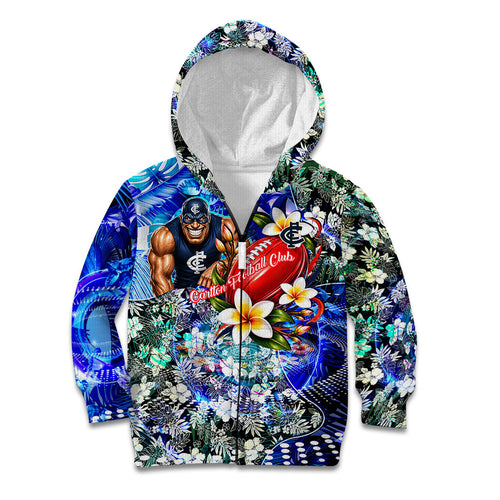 Personalized Carlton Football Blues Kid Hoodie Tropical Hibiscus Flowers - Pacific Fusion Style