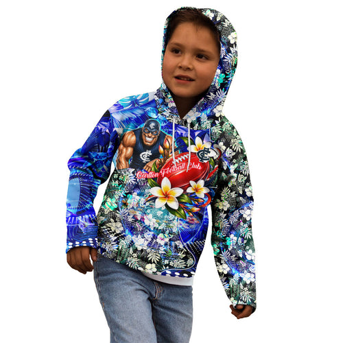 Personalized Carlton Football Blues Kid Hoodie Tropical Hibiscus Flowers - Pacific Fusion Style