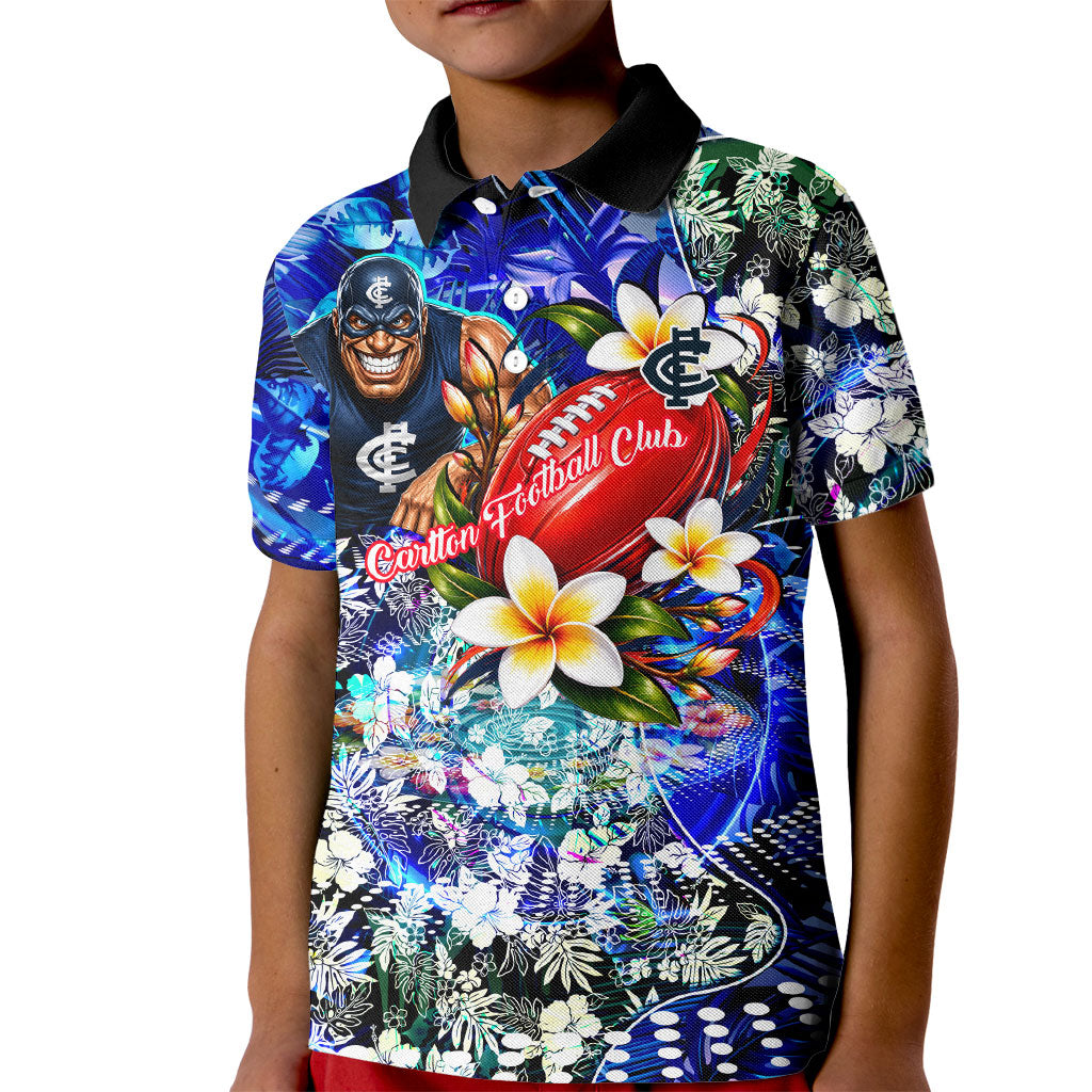 Personalized Carlton Football Blues Kid Polo Shirt Tropical Hibiscus Flowers - Pacific Fusion Style