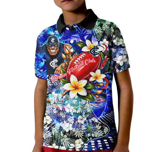 Personalized Carlton Football Blues Kid Polo Shirt Tropical Hibiscus Flowers - Pacific Fusion Style