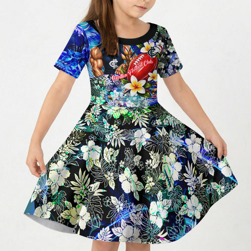 Personalized Carlton Football Blues Kid Short Sleeve Dress Tropical Hibiscus Flowers - Pacific Fusion Style