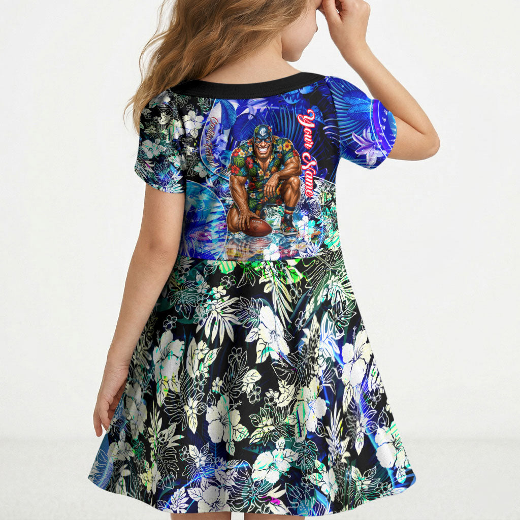 Personalized Carlton Football Blues Kid Short Sleeve Dress Tropical Hibiscus Flowers - Pacific Fusion Style