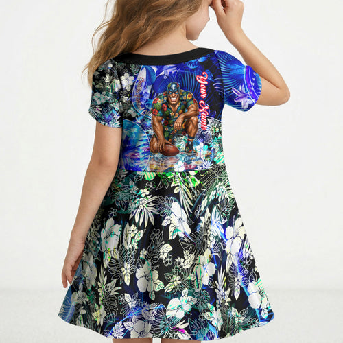 Personalized Carlton Football Blues Kid Short Sleeve Dress Tropical Hibiscus Flowers - Pacific Fusion Style