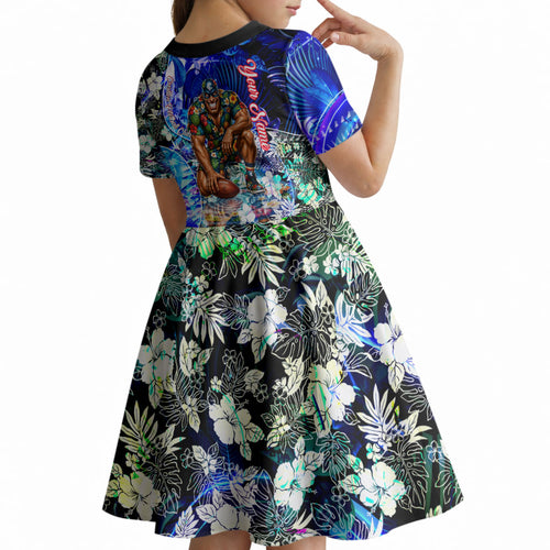 Personalized Carlton Football Blues Kid Short Sleeve Dress Tropical Hibiscus Flowers - Pacific Fusion Style