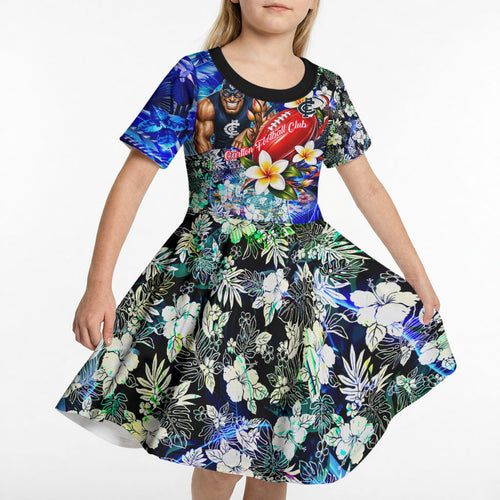 Personalized Carlton Football Blues Kid Short Sleeve Dress Tropical Hibiscus Flowers - Pacific Fusion Style