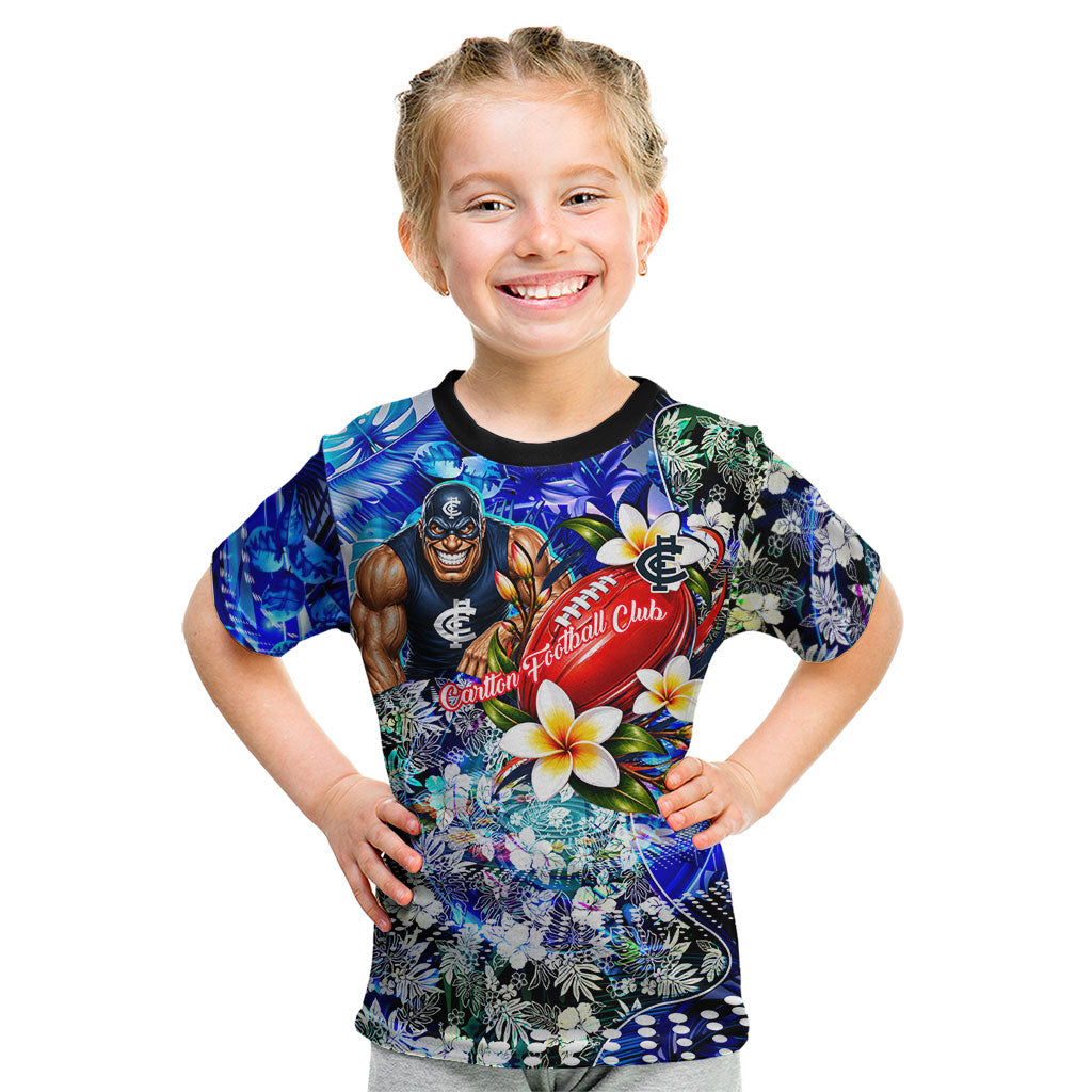 Personalized Carlton Football Blues Kid T Shirt Tropical Hibiscus Flowers - Pacific Fusion Style