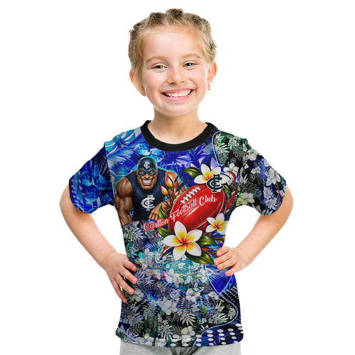 Personalized Carlton Football Blues Kid T Shirt Tropical Hibiscus Flowers - Pacific Fusion Style