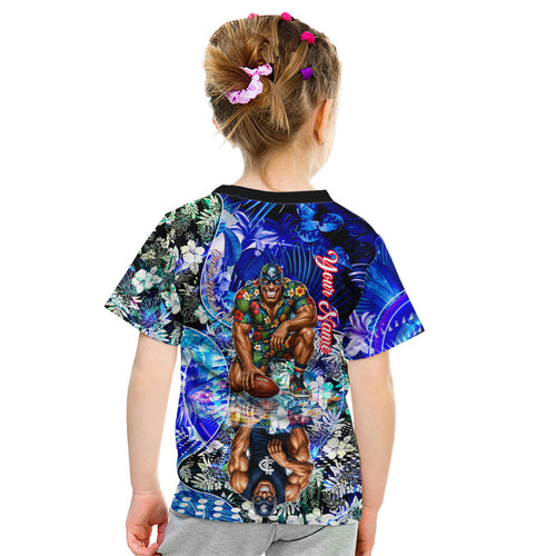 Personalized Carlton Football Blues Kid T Shirt Tropical Hibiscus Flowers - Pacific Fusion Style