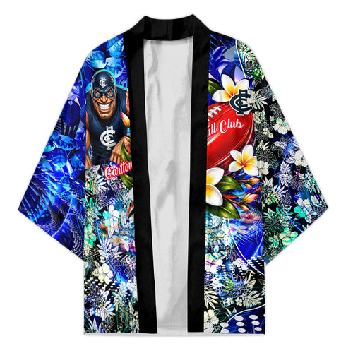 Personalized Carlton Football Blues Kimono Tropical Hibiscus Flowers - Pacific Fusion Style