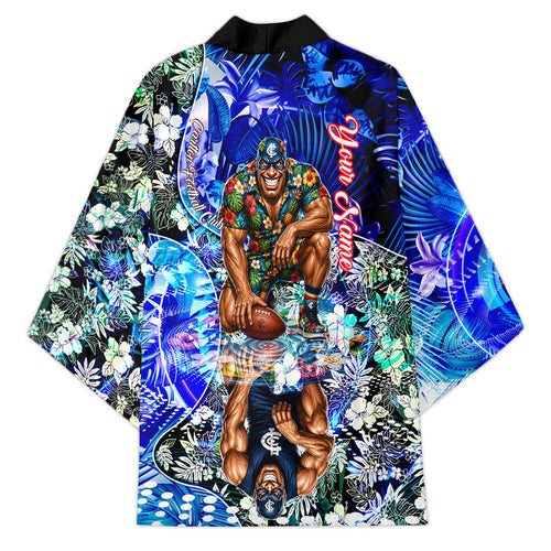 Personalized Carlton Football Blues Kimono Tropical Hibiscus Flowers - Pacific Fusion Style