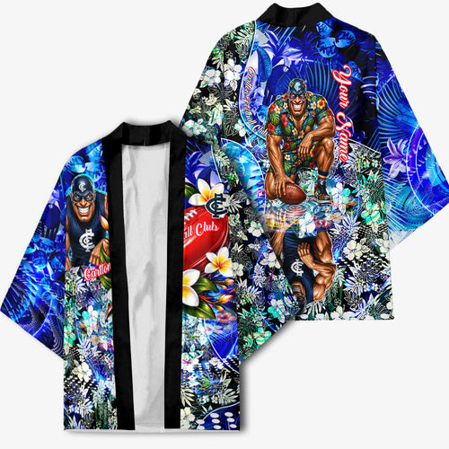 Personalized Carlton Football Blues Kimono Tropical Hibiscus Flowers - Pacific Fusion Style