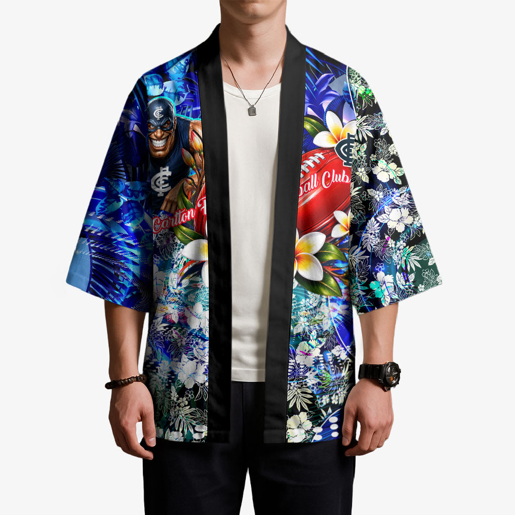 Personalized Carlton Football Blues Kimono Tropical Hibiscus Flowers - Pacific Fusion Style