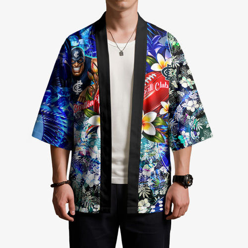 Personalized Carlton Football Blues Kimono Tropical Hibiscus Flowers - Pacific Fusion Style