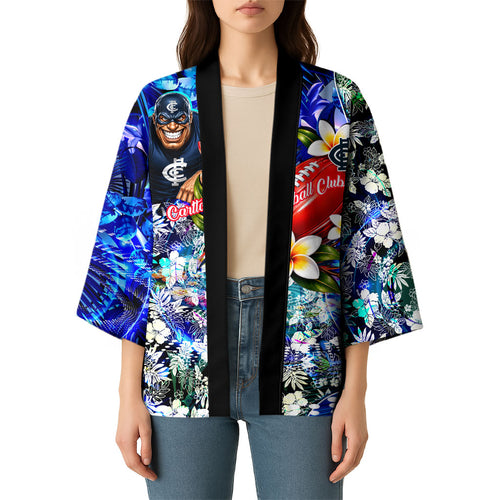 Personalized Carlton Football Blues Kimono Tropical Hibiscus Flowers - Pacific Fusion Style