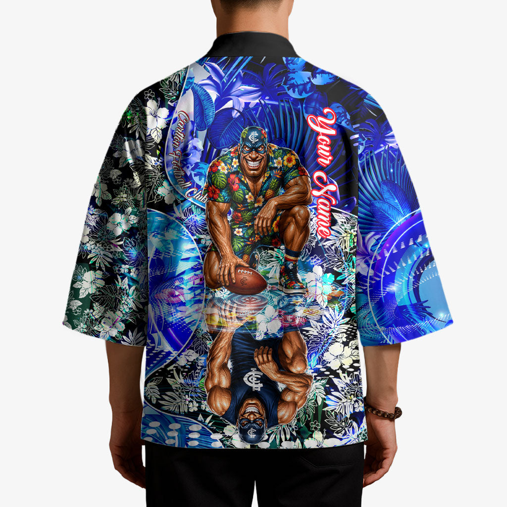 Personalized Carlton Football Blues Kimono Tropical Hibiscus Flowers - Pacific Fusion Style