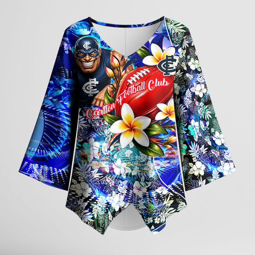 Personalized Carlton Football Blues Kimono Sleeve Blouse Tropical Hibiscus Flowers - Pacific Fusion Style