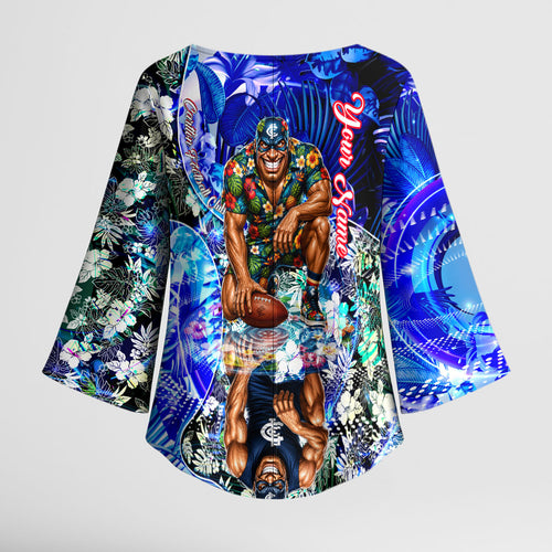 Personalized Carlton Football Blues Kimono Sleeve Blouse Tropical Hibiscus Flowers - Pacific Fusion Style