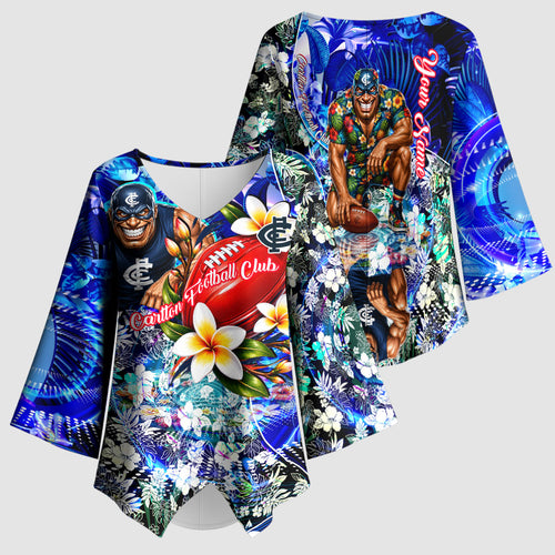 Personalized Carlton Football Blues Kimono Sleeve Blouse Tropical Hibiscus Flowers - Pacific Fusion Style