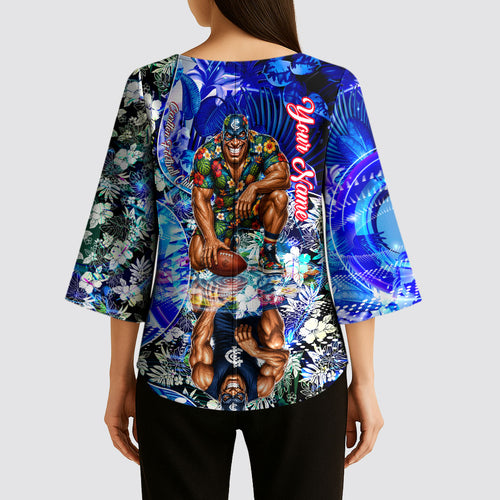 Personalized Carlton Football Blues Kimono Sleeve Blouse Tropical Hibiscus Flowers - Pacific Fusion Style