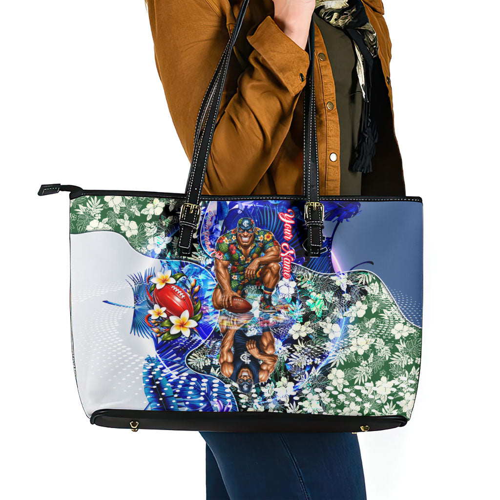 Personalized Carlton Football Blues Leather Tote Bag Tropical Hibiscus Flowers - Pacific Fusion Style