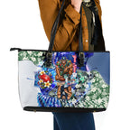 Personalized Carlton Football Blues Leather Tote Bag Tropical Hibiscus Flowers - Pacific Fusion Style