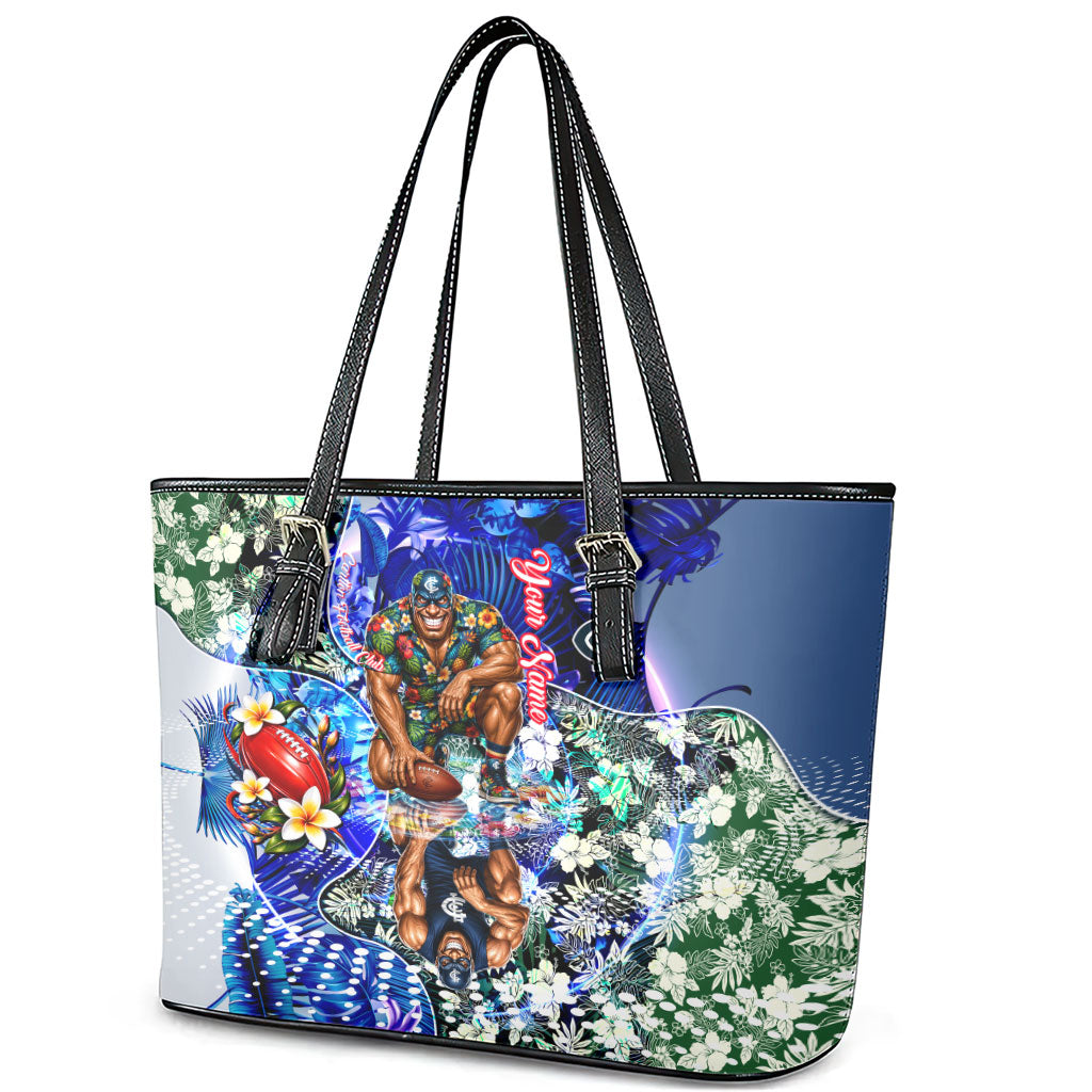 Personalized Carlton Football Blues Leather Tote Bag Tropical Hibiscus Flowers - Pacific Fusion Style
