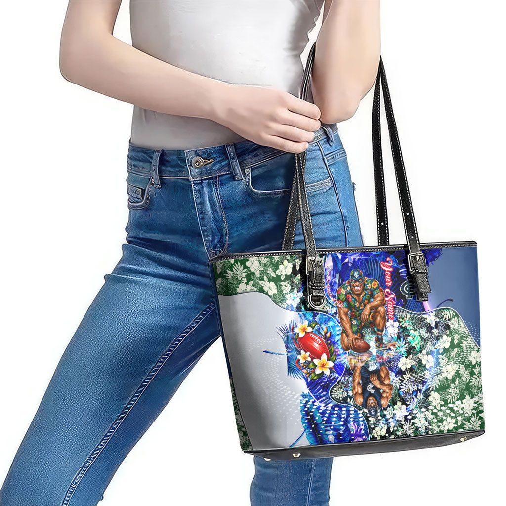 Personalized Carlton Football Blues Leather Tote Bag Tropical Hibiscus Flowers - Pacific Fusion Style