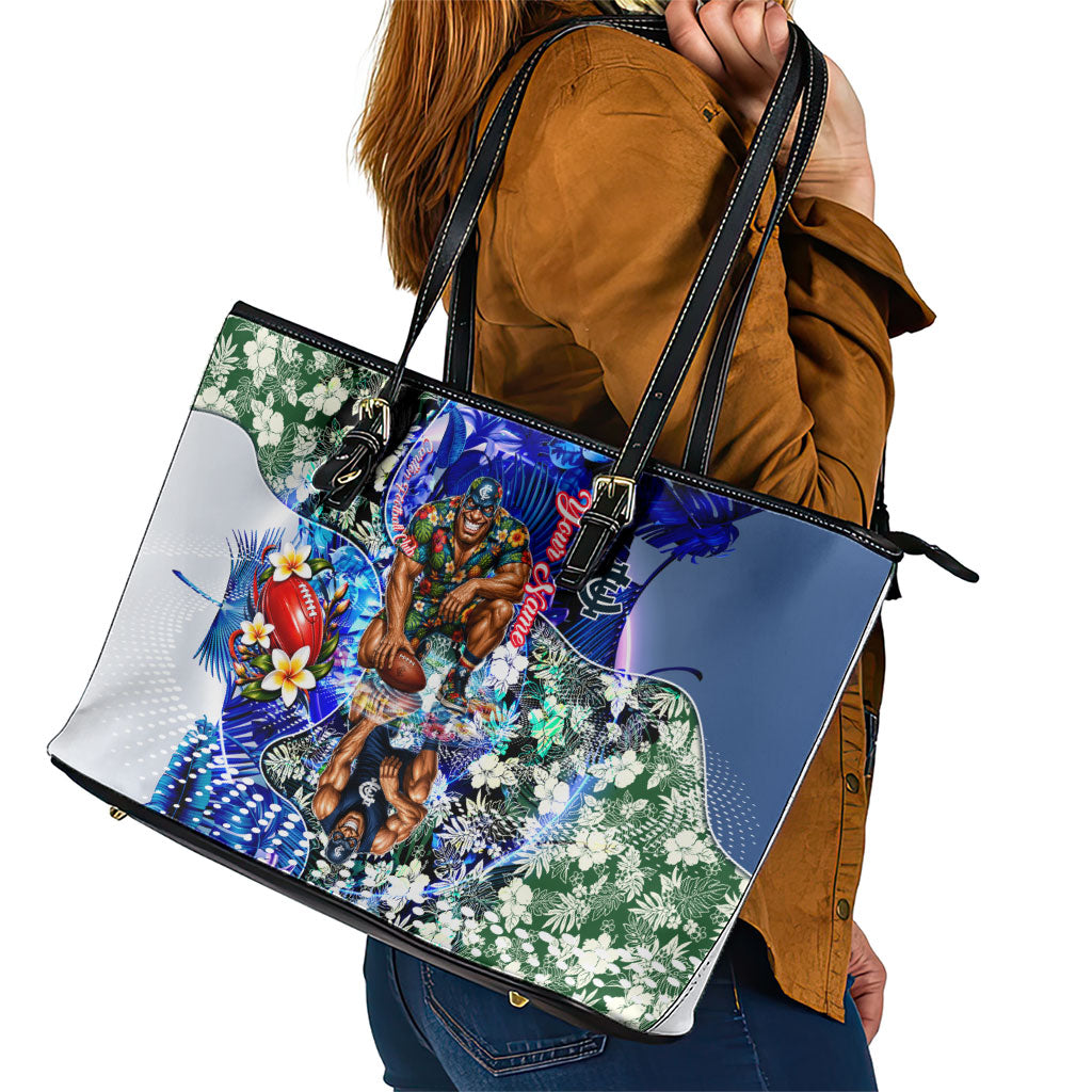 Personalized Carlton Football Blues Leather Tote Bag Tropical Hibiscus Flowers - Pacific Fusion Style
