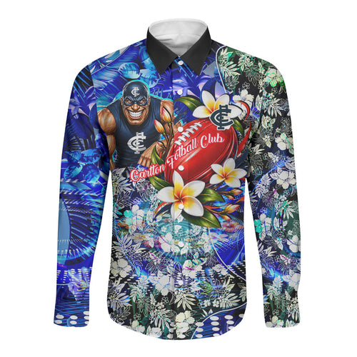 Personalized Carlton Football Blues Long Sleeve Button Shirt Tropical Hibiscus Flowers - Pacific Fusion Style