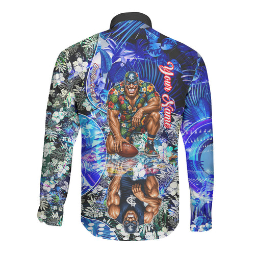 Personalized Carlton Football Blues Long Sleeve Button Shirt Tropical Hibiscus Flowers - Pacific Fusion Style