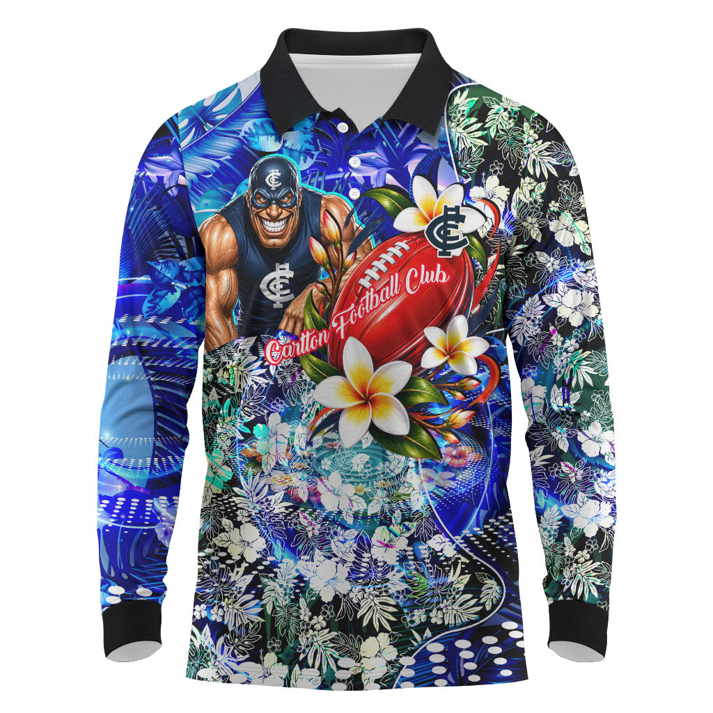 Personalized Carlton Football Blues Long Sleeve Polo Shirt Tropical Hibiscus Flowers - Pacific Fusion Style