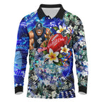 Personalized Carlton Football Blues Long Sleeve Polo Shirt Tropical Hibiscus Flowers - Pacific Fusion Style