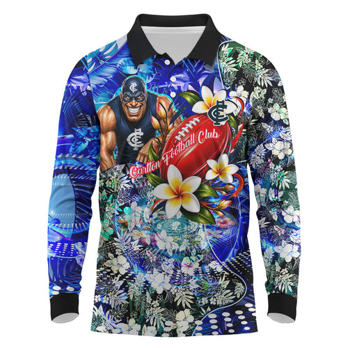 Personalized Carlton Football Blues Long Sleeve Polo Shirt Tropical Hibiscus Flowers - Pacific Fusion Style