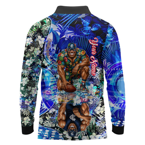 Personalized Carlton Football Blues Long Sleeve Polo Shirt Tropical Hibiscus Flowers - Pacific Fusion Style