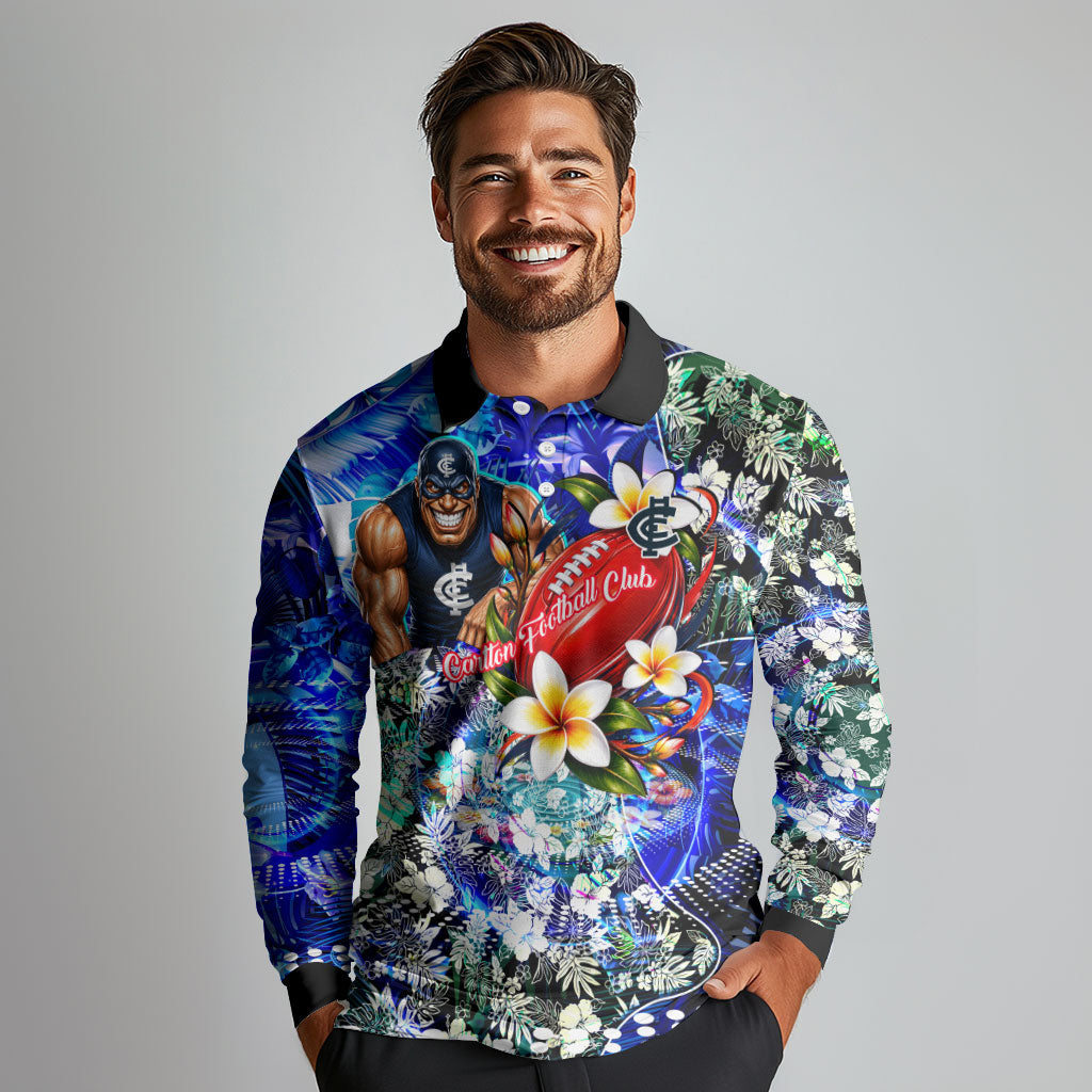 Personalized Carlton Football Blues Long Sleeve Polo Shirt Tropical Hibiscus Flowers - Pacific Fusion Style