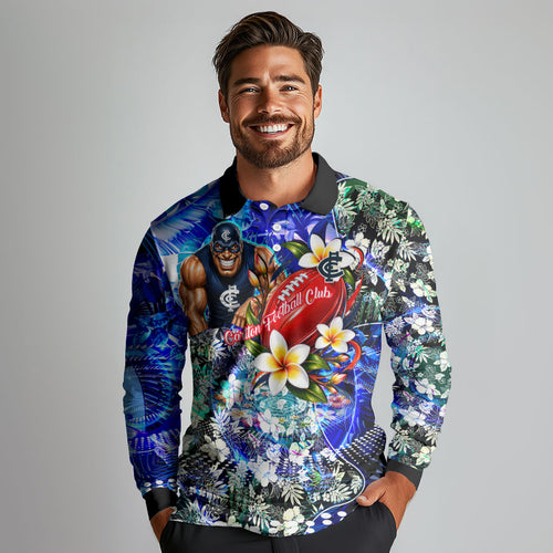 Personalized Carlton Football Blues Long Sleeve Polo Shirt Tropical Hibiscus Flowers - Pacific Fusion Style