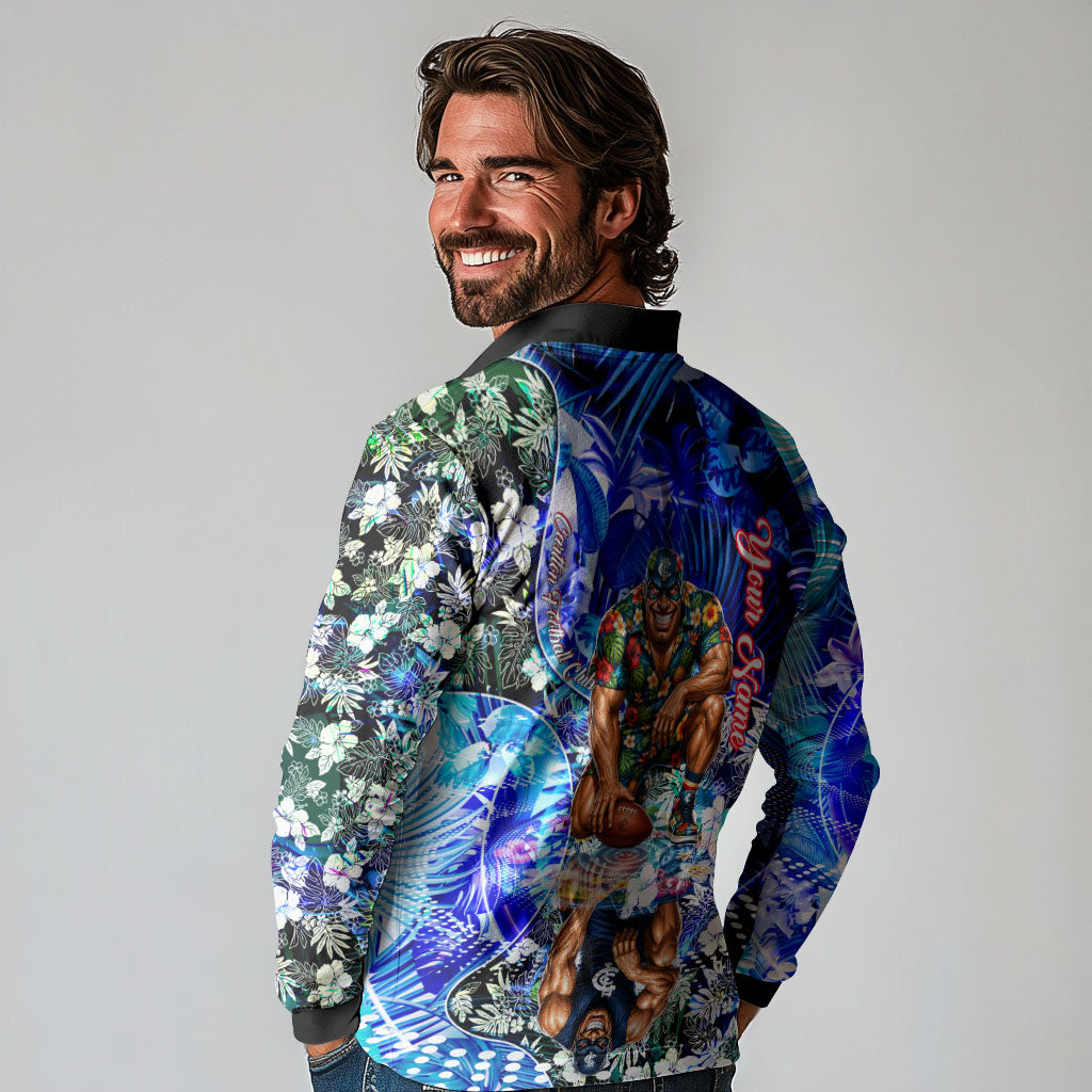Personalized Carlton Football Blues Long Sleeve Polo Shirt Tropical Hibiscus Flowers - Pacific Fusion Style