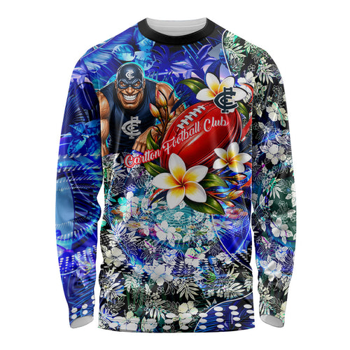 Personalized Carlton Football Blues Long Sleeve Shirt Tropical Hibiscus Flowers - Pacific Fusion Style