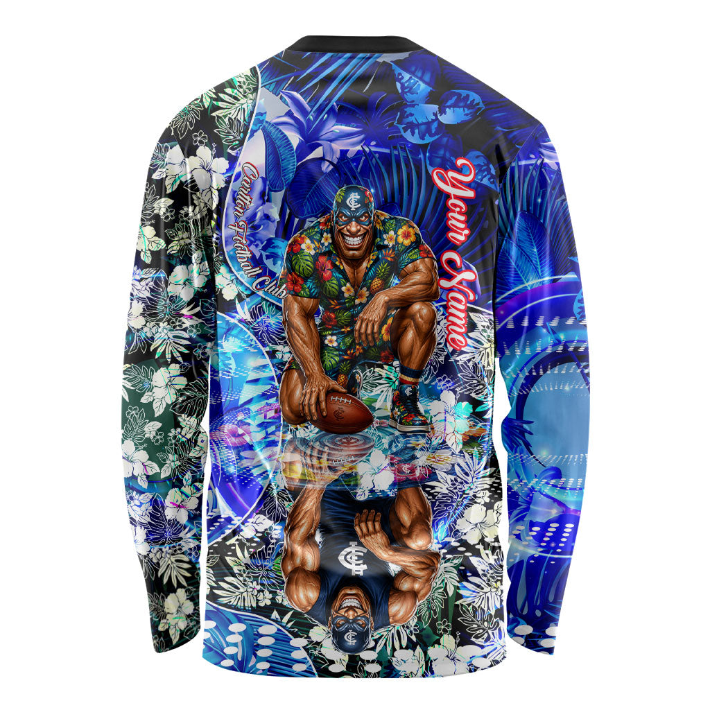 Personalized Carlton Football Blues Long Sleeve Shirt Tropical Hibiscus Flowers - Pacific Fusion Style