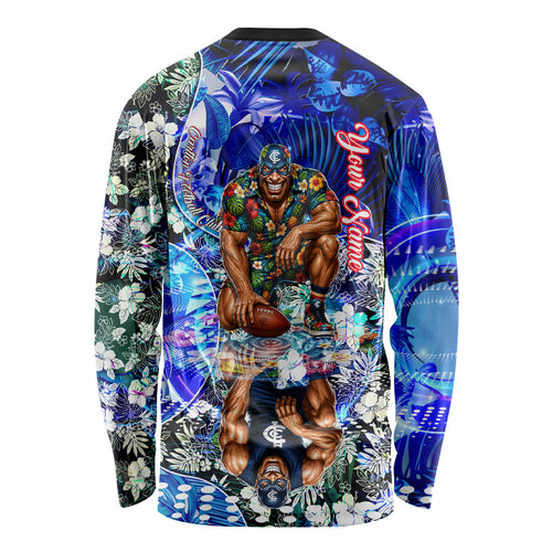 Personalized Carlton Football Blues Long Sleeve Shirt Tropical Hibiscus Flowers - Pacific Fusion Style