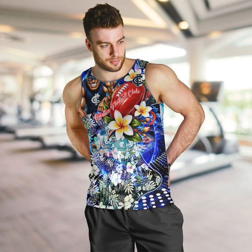 Personalized Carlton Football Blues Men Tank Top Tropical Hibiscus Flowers - Pacific Fusion Style